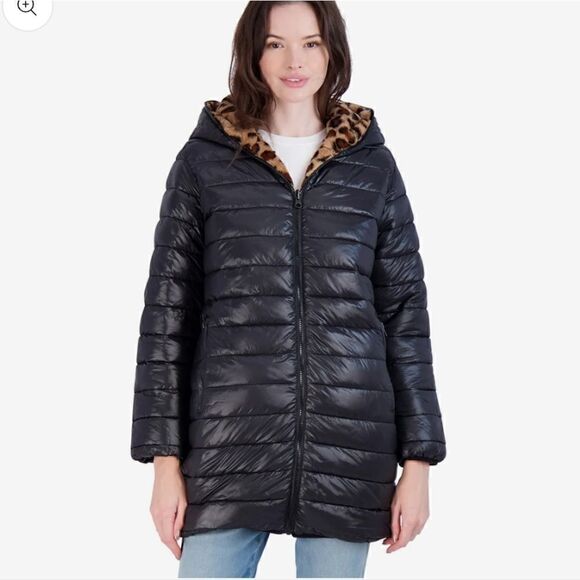 Jessica Simpson Women's Leopard Fur Reversible Puffer - Picture 3 of 12